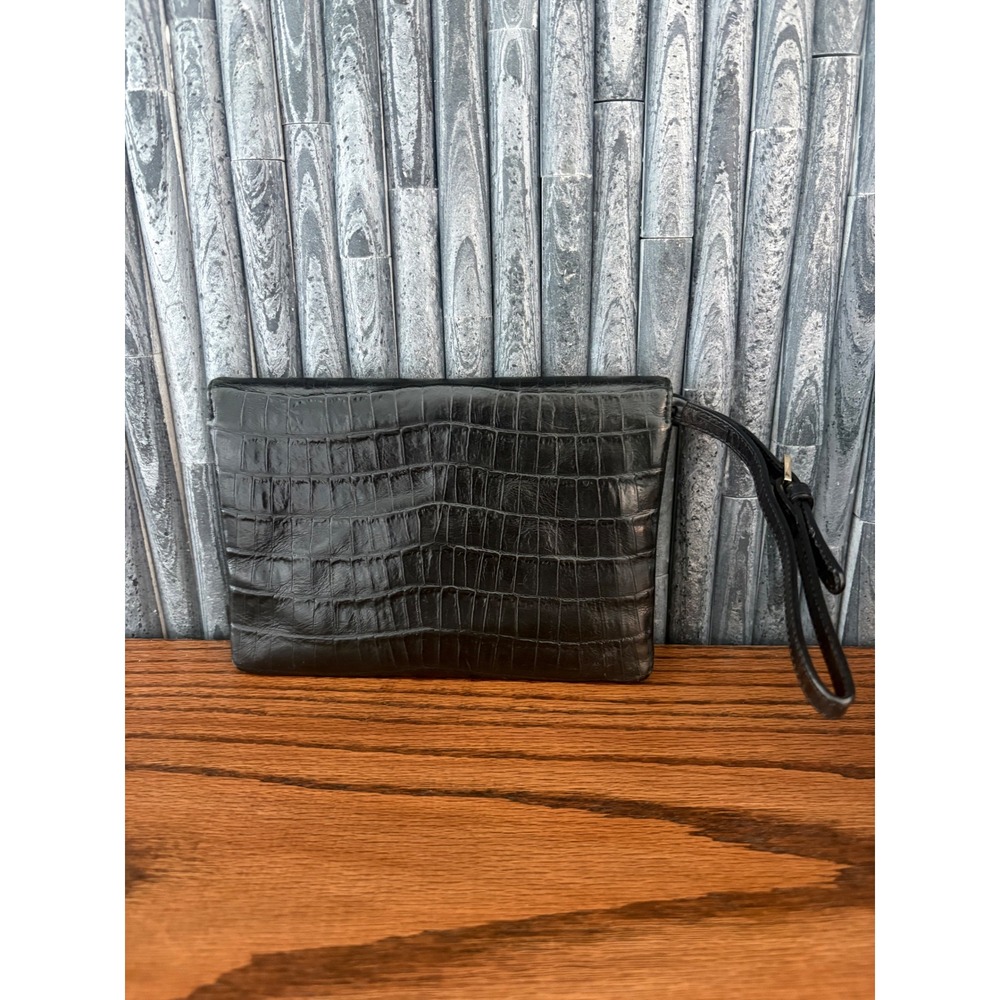 Henri Bendel Deb Black Croc Embossed Leather Wristlet Clutch Gold V Hardware - Picture 2 of 9